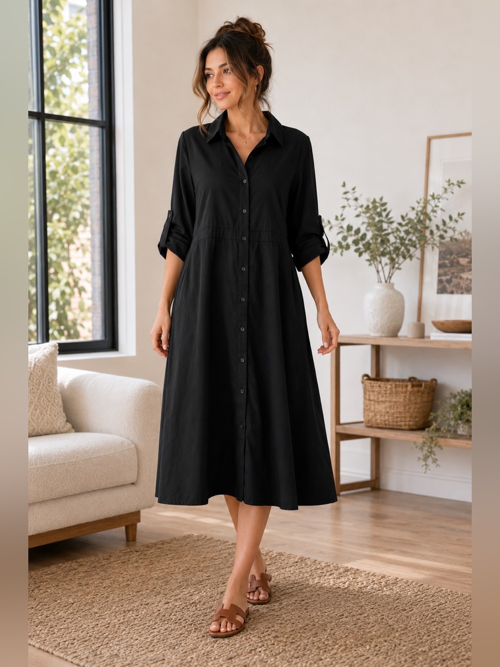 SHEIN Black Midi Shirt Dress Button Front Roll Tab Long Sleeve XS Minimalist